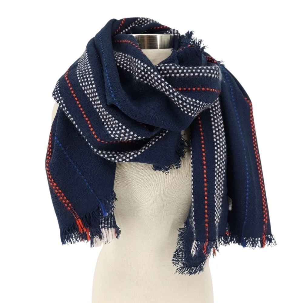 Old Navy Oversized Wrap Scarf Rectangle Blue Stripe Cozy Knit Fringe Hem OS